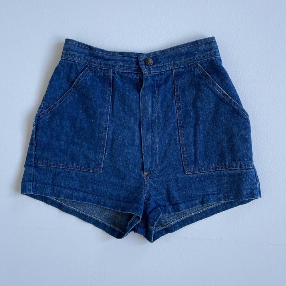 Vtg 60s 70s High Rise Blue Denim Cotton Shorts / Sz 9/10 / Hot Pants Retro Boho